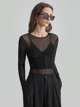 Ontre Women's Rhinestone Decor Sheer Mesh Bodysuit, Sexy & Form-Fitting Solid Color